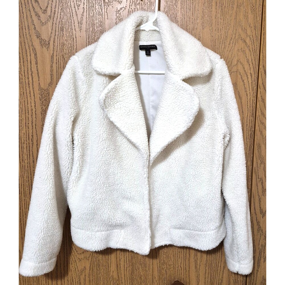 Banana Republic Women's Cream Long Sleeve Sherpa Pea Coat Jacket Pockets Size M